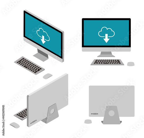 Four angles 3d desktop computers set - cloud icon screen