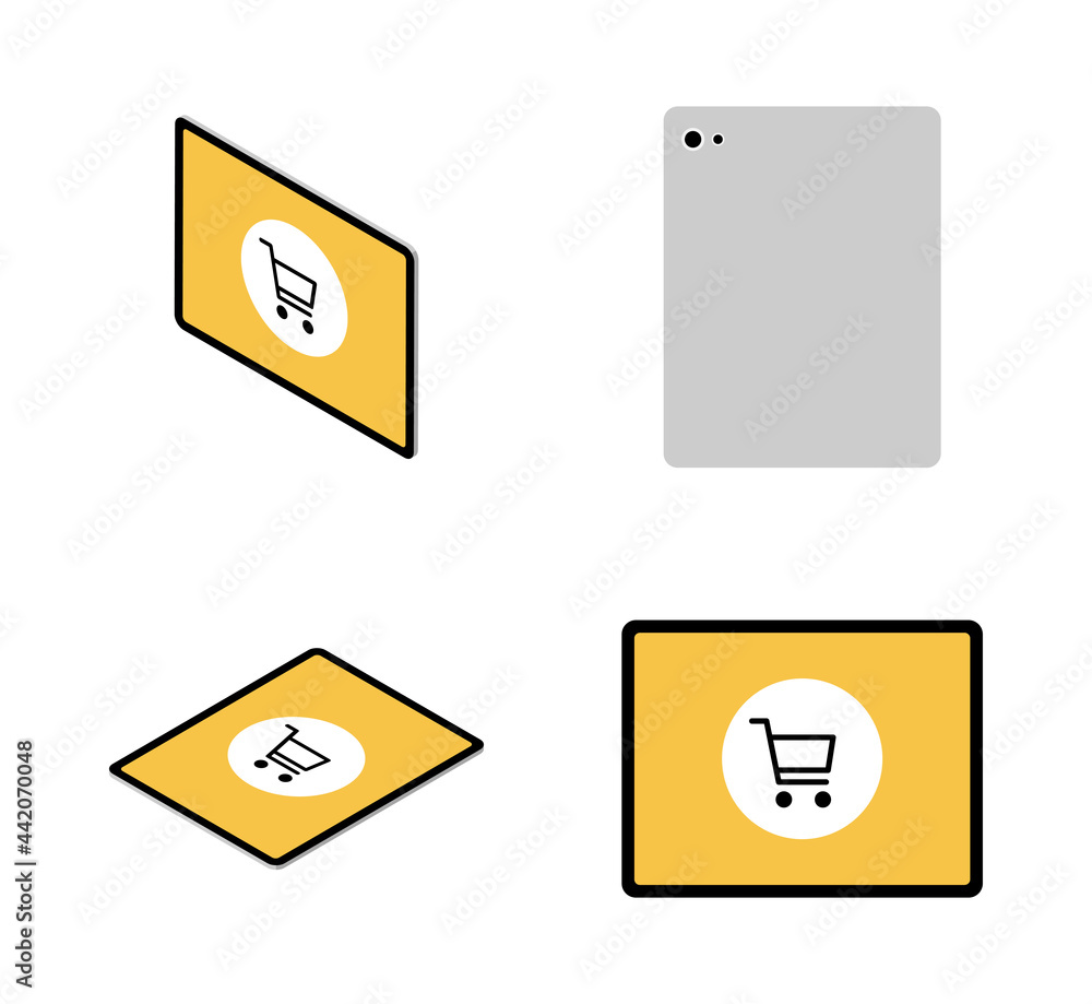 Four angles 3d tablet computers set - shopping cart icon screen Four angles 3d tablet computers set - shopping cart icon screen