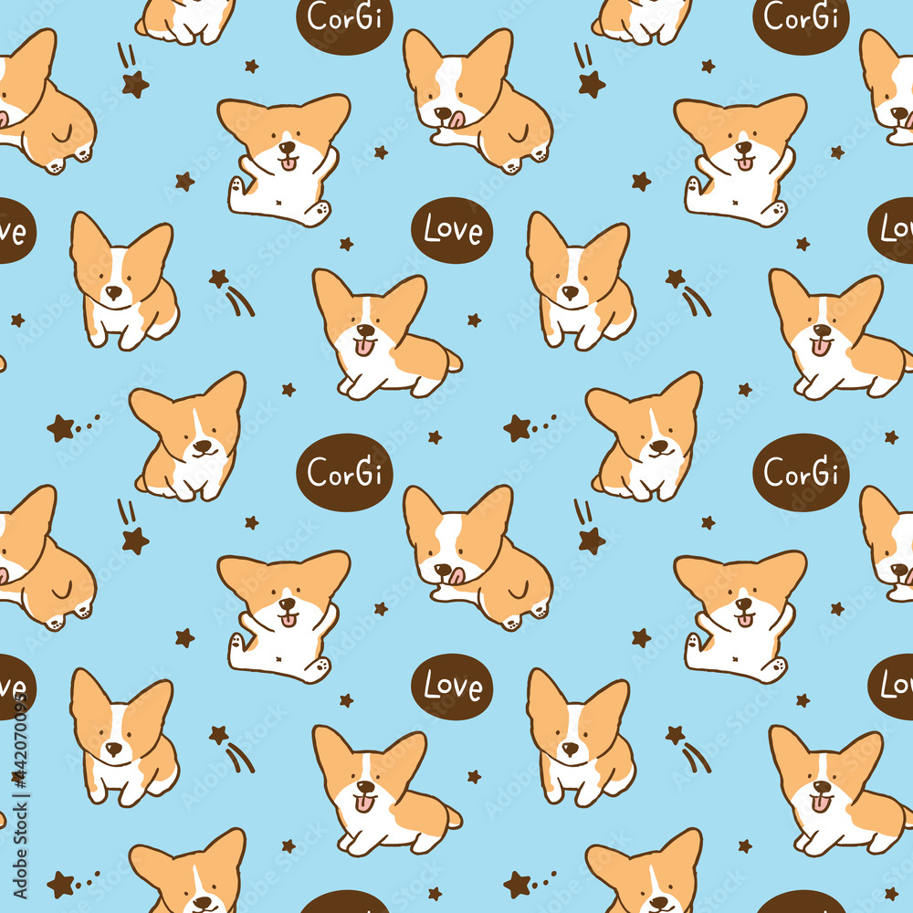 Seamless Pattern with Cute Cartoon Corgi Dog and Star Design on Blue Background Seamless Pattern with Cute Cartoon Corgi Dog and Star Design on Blue Background
