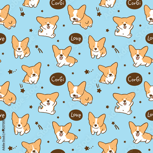 Seamless Pattern with Cute Cartoon Corgi Dog and Star Design on Blue Background © Supannee