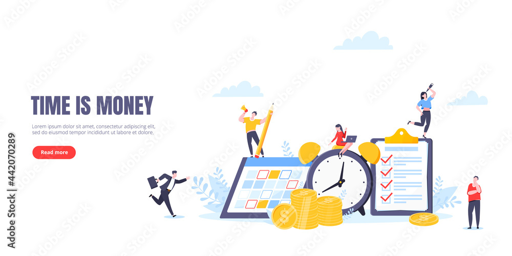Time is money or saving money business concept. Tiny people working with clock, calendar schedule and checklist symbol. Time management flat style vector illustration isolated on white background.
