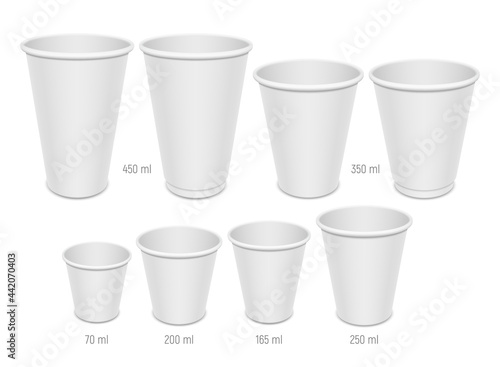 Set of vector realistic blank disposable coffee cups. Different sizes of open empty containers for vending and takeaway drinks.