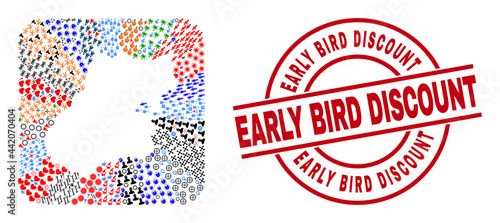 Vector mosaic Goias State map of different icons and Early Bird Discount stamp. Mosaic Goias State map created as hole from rounded square shape. Red round stamp with Early Bird Discount caption.