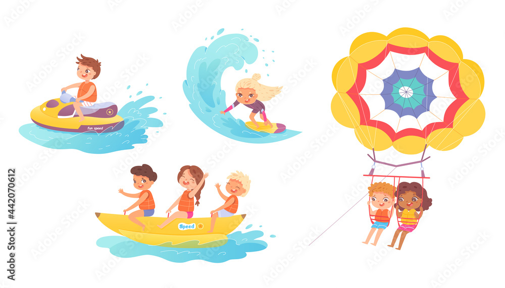 Children fun summer activities on vacations set. Boy driving boat on water, girl on board, parachuting, on banana vector illustration. Kids on holidays traveling to seaside on white background