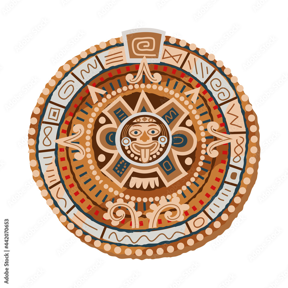 Mayan traditional calendar. Ancient civilisation icon in Mexico vector illustration. Round stone with decorative elements and signs isolated on white background. Ritual and tradition