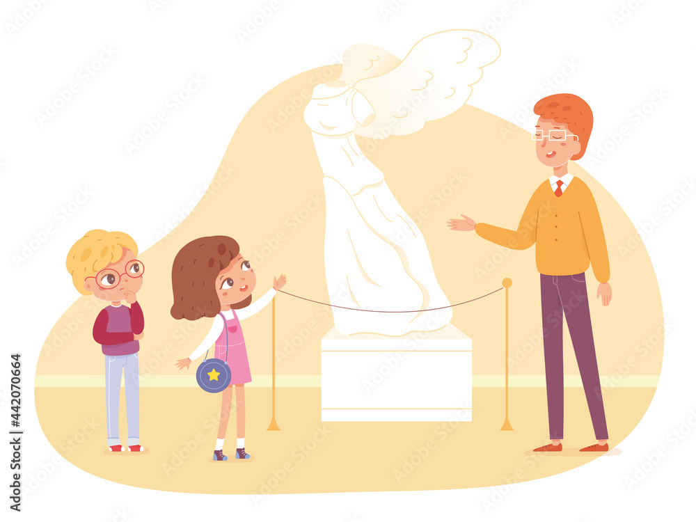Children in art sculpture museum. Kids looking at white stone female figure in exhibition vector illustration. School excursion scene with instructor guide teaching, boy and girl listening Children in art sculpture museum. Kids looking at white stone female figure in exhibition vector illustration. School excursion scene with instructor guide teaching, boy and girl listening