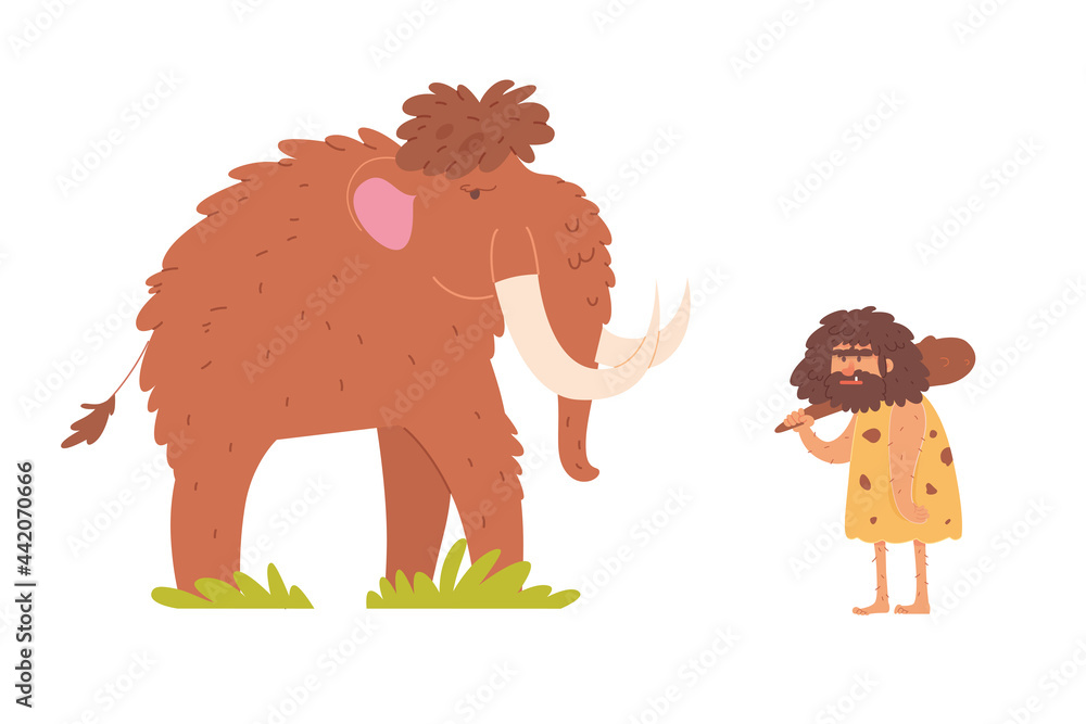 Mammoth and caveman in Stone Age picture. Prehistoric ancient history vector illustration. Big animal standing in grass and man with stick. Horizontal side scene on white background Mammoth and caveman in Stone Age picture. Prehistoric ancient history vector illustration. Big animal standing in grass and man with stick. Horizontal side scene on white background