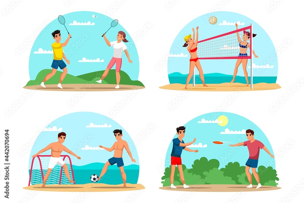 Obraz premium People playing summer sport set. Outdoor leisure games and exercise vector illustration. Men and women play badminton, volleyball, soccer, with flying disc. Active lifestyle on beach