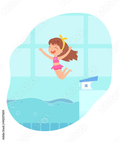Kid jumping in pool from trampoline. Girl diving into water to swim in swimmibg pool. Vector illustration. Happy active child having fun on holiday.