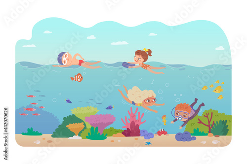 Kids swimming and diving in sea. Children in water and underwater having fun in summer vector illustration. Boys and girls in goggles looking at fish and sea life at bottom
