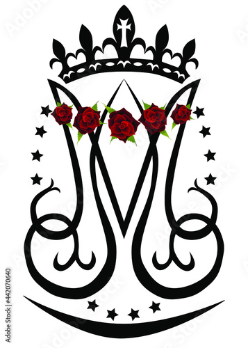 Ave Maria. Monogram of the Blessed Virgin Mary with crown, cross and stars. Religious signs. Vector design.