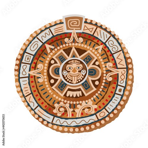 Mayan traditional calendar. Ancient civilisation icon in Mexico vector illustration. Round stone with decorative elements and signs isolated on white background. Ritual and tradition