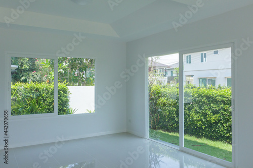 Empty room with glass window frame house interior on concrete wall