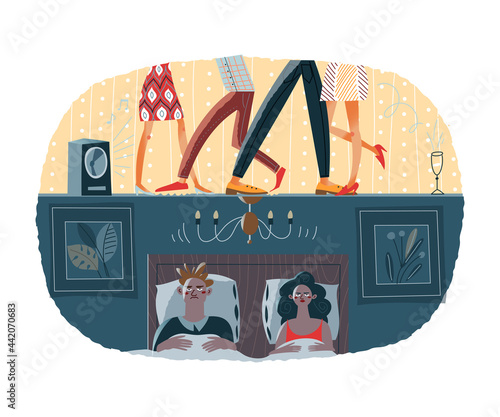 Loud noisy neighbours having party and unhappy couple in bed. Problems in neighbouring apartments at home vector illustration. Young people dancing with music, man and woman cannot sleep.