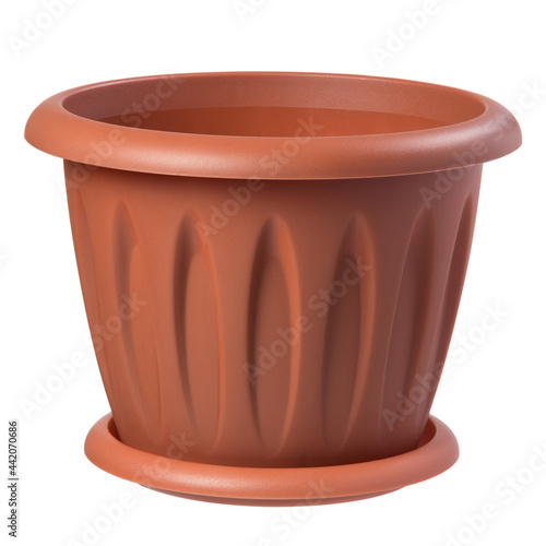 Empty plastic flower pot isolated on white