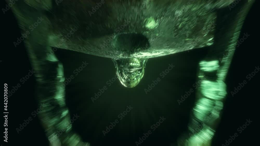 4K Skull Seamless animation horror loop of a realistic skeleton head opening jaw skeletons heads in the cemetary dark tunnel. Scary halloween background VJ loop