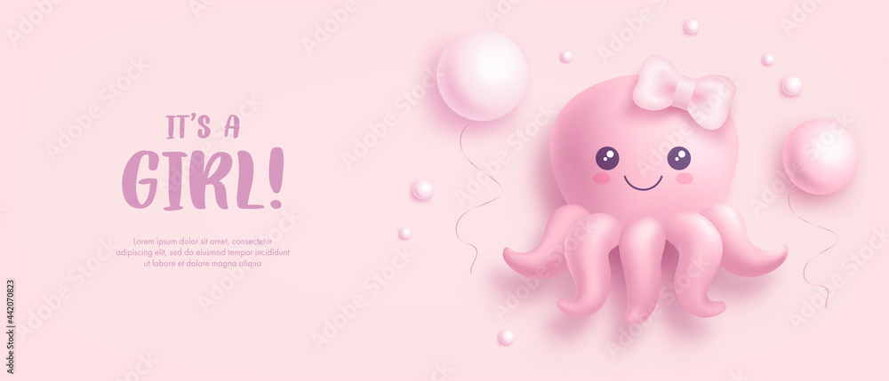 Baby shower invitation with cartoon octopus and helium balloons on pink background. It's a girl. Vector illustration
