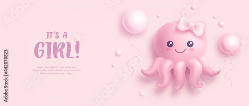 Baby shower invitation with cartoon octopus and helium balloons on pink background. It's a girl. Vector illustration