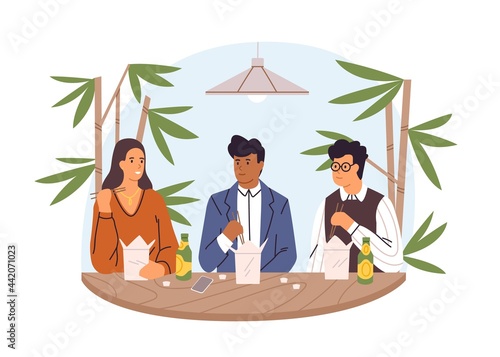 People with boxes of takeaway Asian food at dining table. Colleagues at lunch break in office, eating and talking together. Colored flat vector illustration isolated on white background