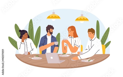 Colleagues sitting at dining table at coffee break, chatting and discussing business together. Team of people eating cake in office. Colored flat vector illustration isolated on white background