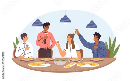 People at corporate festive dinner with wine glasses. Colleagues eating at informal meeting. Partners celebrating smth. at dining table. Colored flat vector illustration isolated on white background