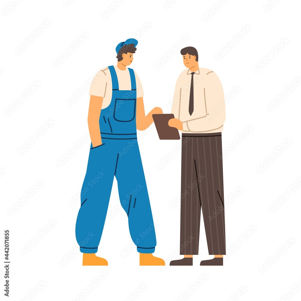 Boss and repairman talking and discussing work. Communication of office worker with clipboard and mechanic in overall. Flat vector illustration of engineer and serviceman isolated on white background Boss and repairman talking and discussing work. Communication of office worker with clipboard and mechanic in overall. Flat vector illustration of engineer and serviceman isolated on white background