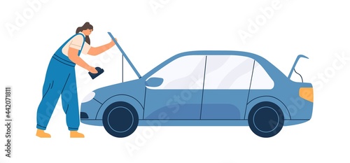 Female mechanic in overalls repairing car. Woman working in auto service, standing with oil canister near automobile with hood up. Flat vector illustration isolated on white background
