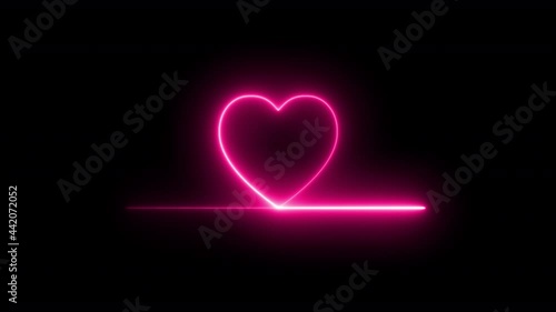 Colorful abstract heart line neon blazing symbol sign on black background. Heart beat neon line glowing moving motion. 