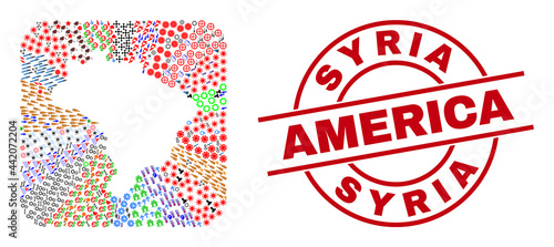 Vector mosaic Brazil map of different symbols and Syria America stamp. Mosaic Brazil map created as stencil from rounded square shape. Red round imprint with Syria America caption.