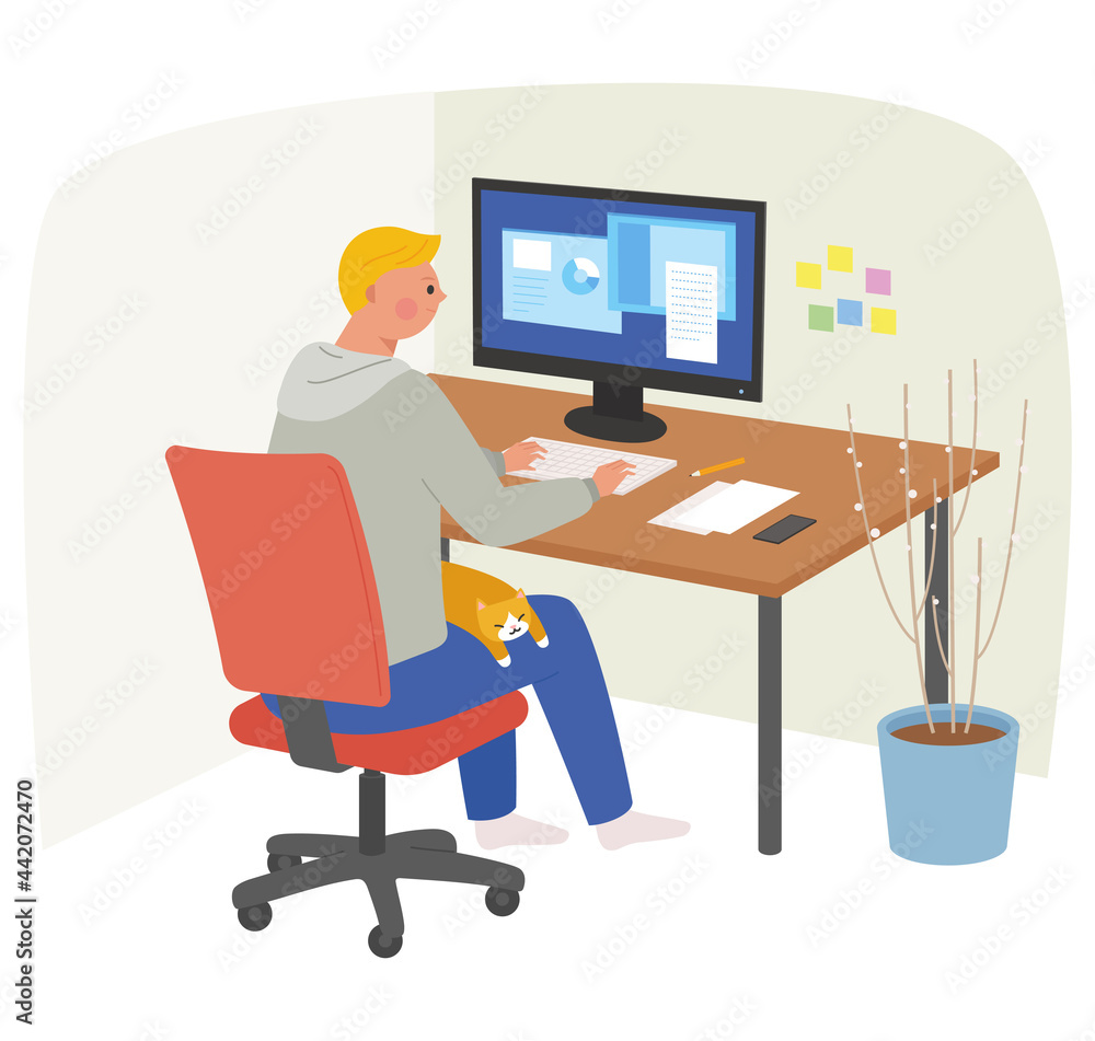 A man is working on a computer and a cat is sleeping on his lap. A man is working on a computer and a cat is sleeping on his lap.
