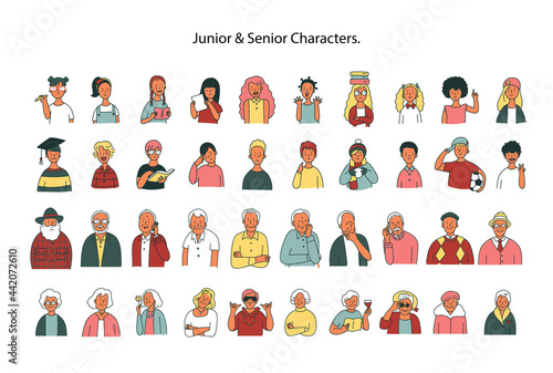 Collection of young children and old people upper body characters.