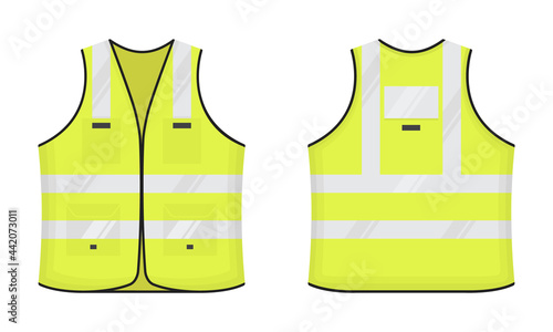Safety reflective vest icon sign flat style design vector illustration set. Yellow fluorescent security safety work jacket with reflective stripes. Front and back view road uniform vest.