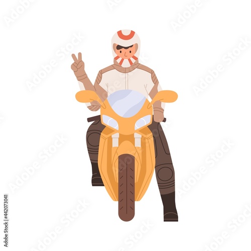 Professional biker in equipment and helmet sitting on modern sportbike. Portrait of man on motorcycle. Colored flat vector illustration of sports bike driver isolated on white background © Good Studio