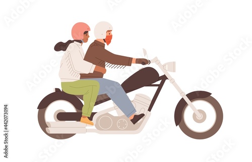 Love couple on motorcycle together. Man in helmet driving chopper with woman ...