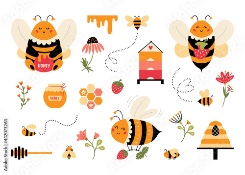 Cute cartoon bee vector set Bumblebee beehive