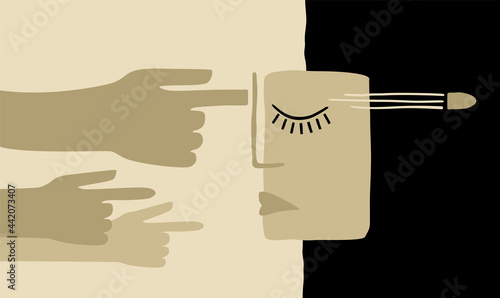 Victim of social bullying. Index fingers pointing at sad depressed woman feeling shame, guilty. Vector illustration for society conviction, denunciation, blame, accusing concept