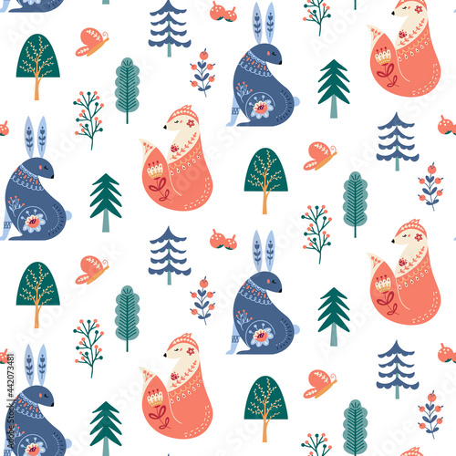 Scandinavian seamless pattern folk forest animal background