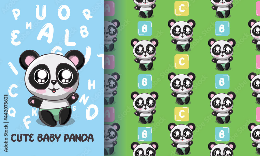 Cute panda and rainbow figure. illustration and pattern set premium vector Cute panda and rainbow figure. illustration and pattern set premium vector