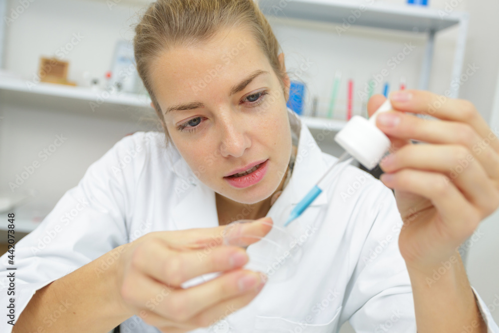 a woman working with pipette a woman working with pipette