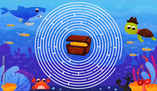 Colourful circle maze for kids with cute turtle and shark character, help to find right way to treasure, underwater