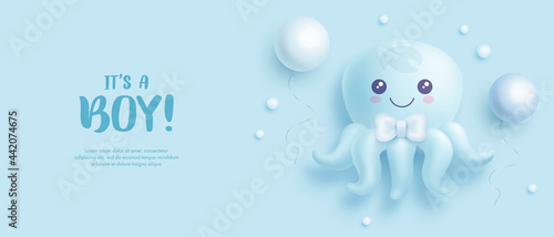 Baby shower horizontal banner with cartoon octopus and helium balloons on blue background. It's a boy. Vector illustration