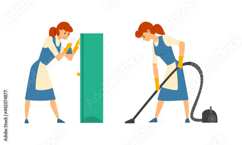 Cleaning Service with Woman in Apron Vacuuming Floor and Dusting Vector Set
