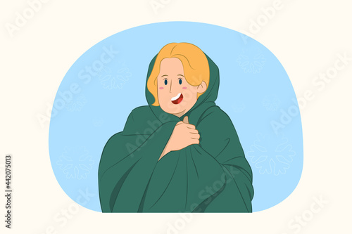 Young girl wrap covered under blanket duvet concept