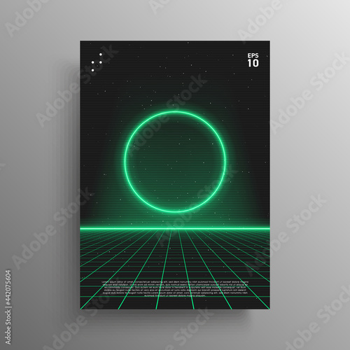 Synthwave poster. Glowing circle shape with laser perspective grid in starry space. Vivid layout for retrowave electronic music events. Design for poster, cover. Vector