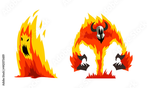 Roaring Fire with Horns as Fantastic Elemental Creature Vector Set