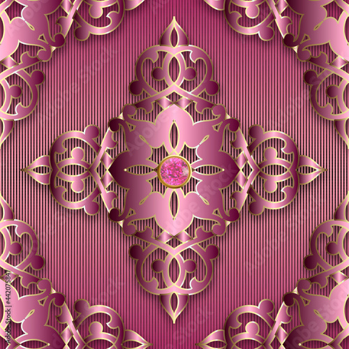 3d jewelry seamless pattern. Textured striped background. Luxury repeat vector backdrop. Baroque style ornaments in violet pink colors. Vintage surface modern design with flowers, shadows, gemstones