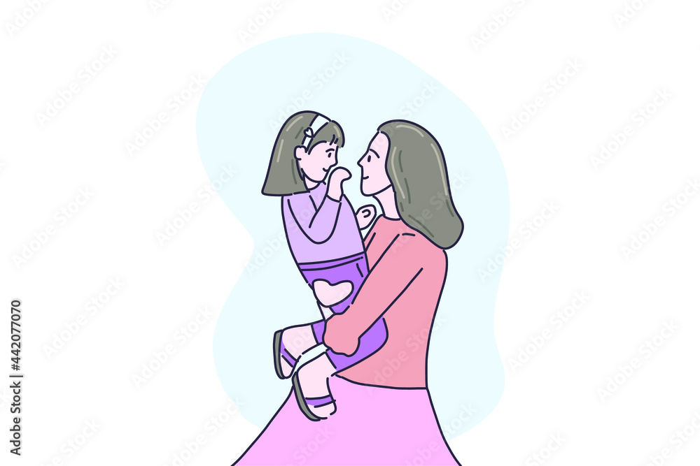 Hand drawn illustration mother carry her daughter Hand drawn illustration mother carry her daughter