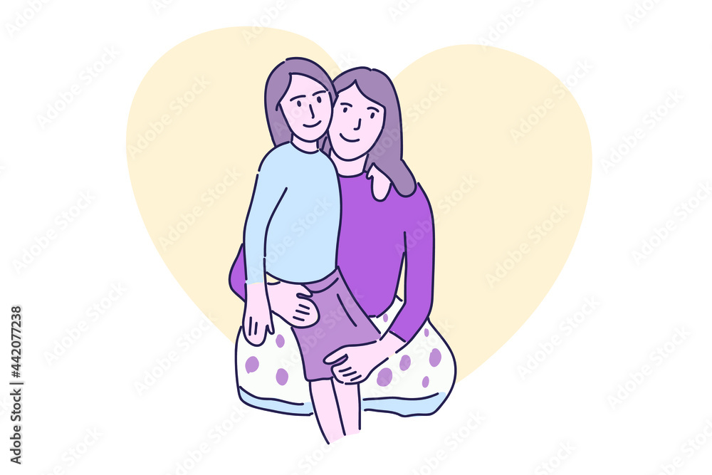 Hand drawn illustration happy mother and daughter