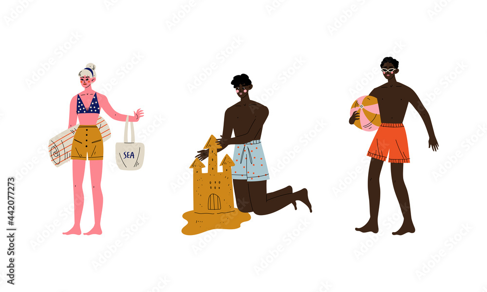 People Characters Having Summer Vacation on Sea Shore Wearing Swimsuit and Sunbathing Vector Set
