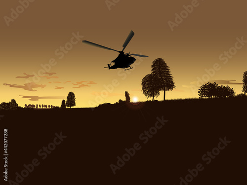 Combat helicopter in the sky. Colorful vector image.